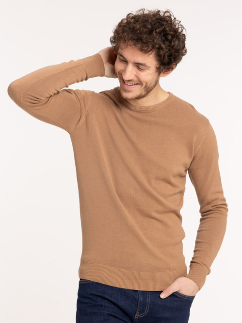 Pull col rond fauve homme