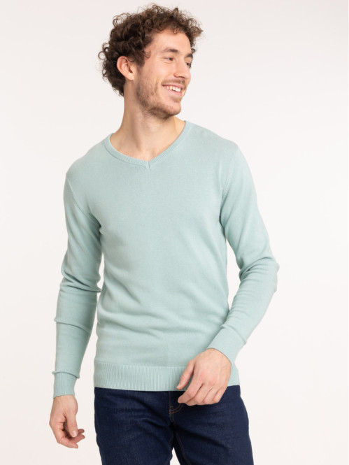 Pull col V bleu amande homme