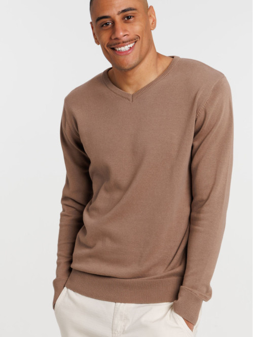 Pull col V mocca latte homme