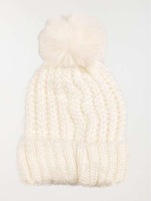 Bonnet pompon écru femme