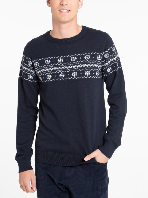 Pull motif jacquard marine navy homme