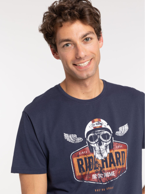 T-shirt navy used motif biker homme