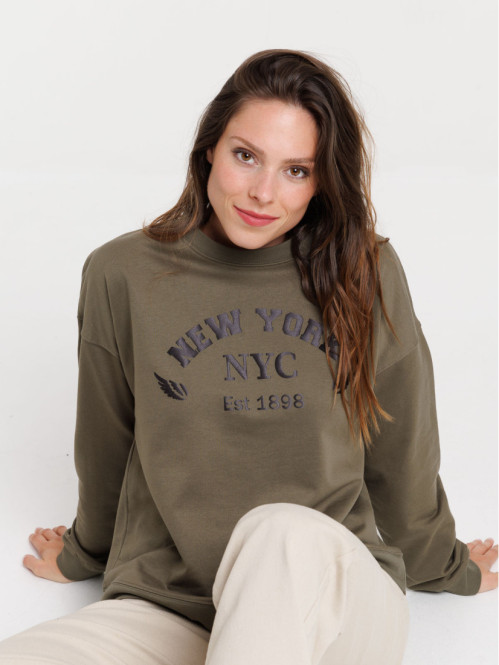 Sweat motif New York femme urban kaki