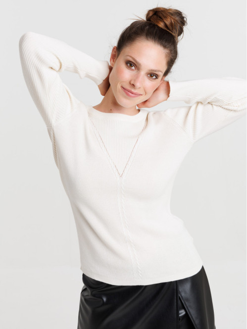 Pull col rond écru femme