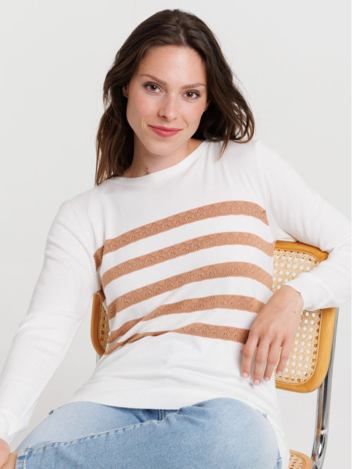 Pull fin écru rayure croissant femme