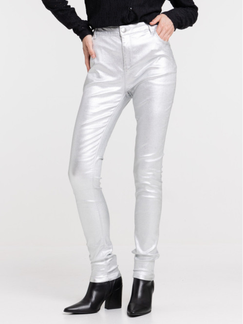 Pantalon skinny enduit gris argent femme