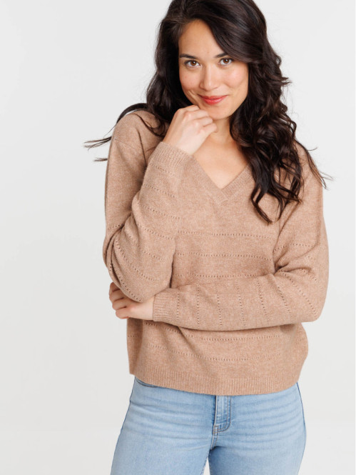 Pull col V coloris sarrasin femme