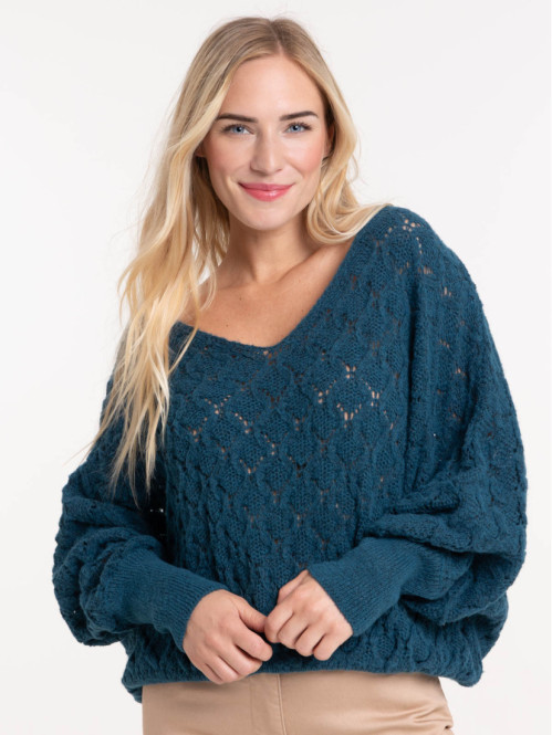 Pull col v pétrole femme