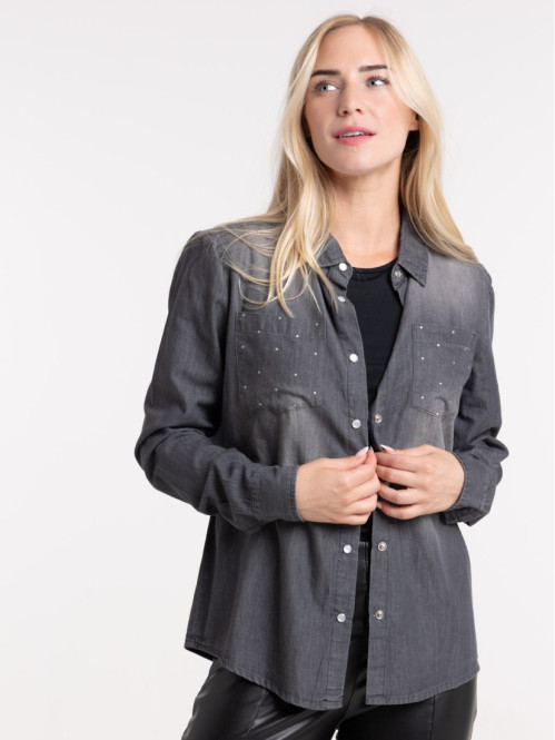 Chemise denim gris studs poches femme